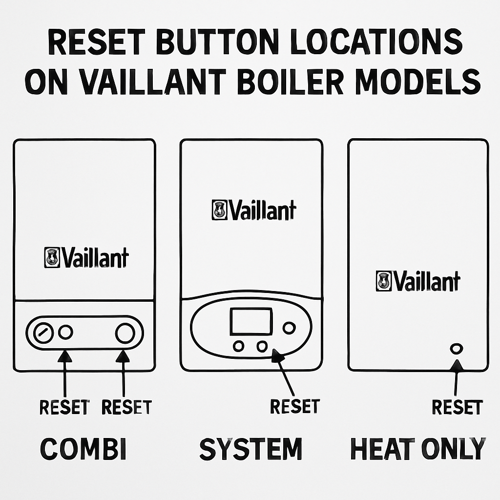 Diagram showing reset button locations on Vaillant boiler models